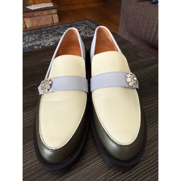 GANNI Light Blue, Hunter Green, and Crème Color Block Loafers Sz. 40 - Picture 3 of 10